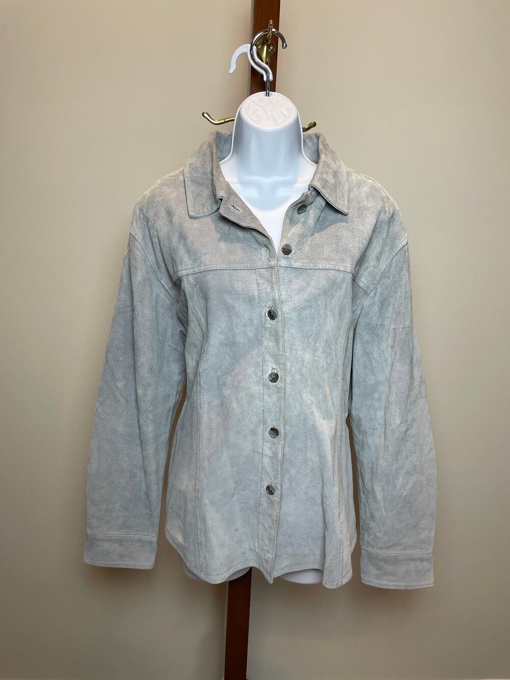 AMI Suede Leather Jacket Light Gray‑Blue Lined Collared Size XL